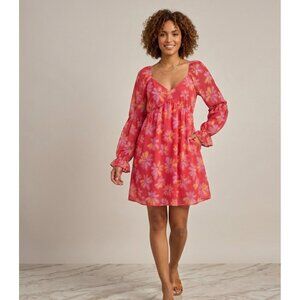 Big Waterblue sky Floral Print Long-Sleeve Babydoll Dress size L With V-Neckline